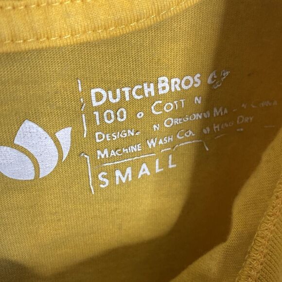 DUTCH BROS Coffee Blue/Mustard Yellow Tie Dye Split T Shirt Size S - Picture 4 of 6